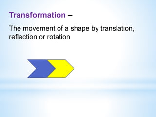 Transformation –
The movement of a shape by translation,
reflection or rotation
 