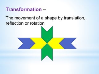 Transformation –
The movement of a shape by translation,
reflection or rotation
 