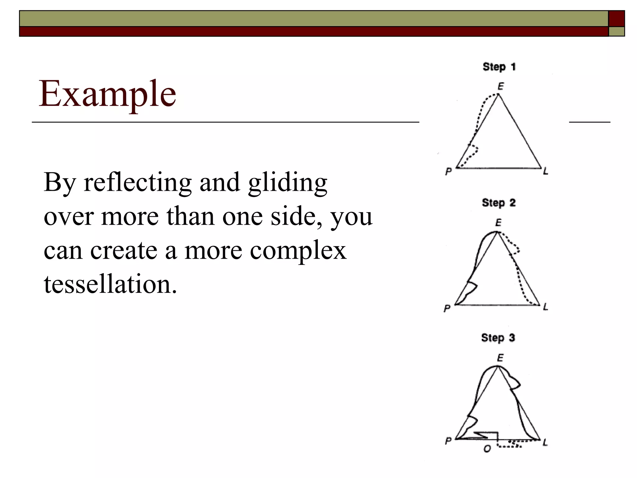 Example

By reflecting and gliding
over more than one side, you
can create a more complex
tessellation.
 