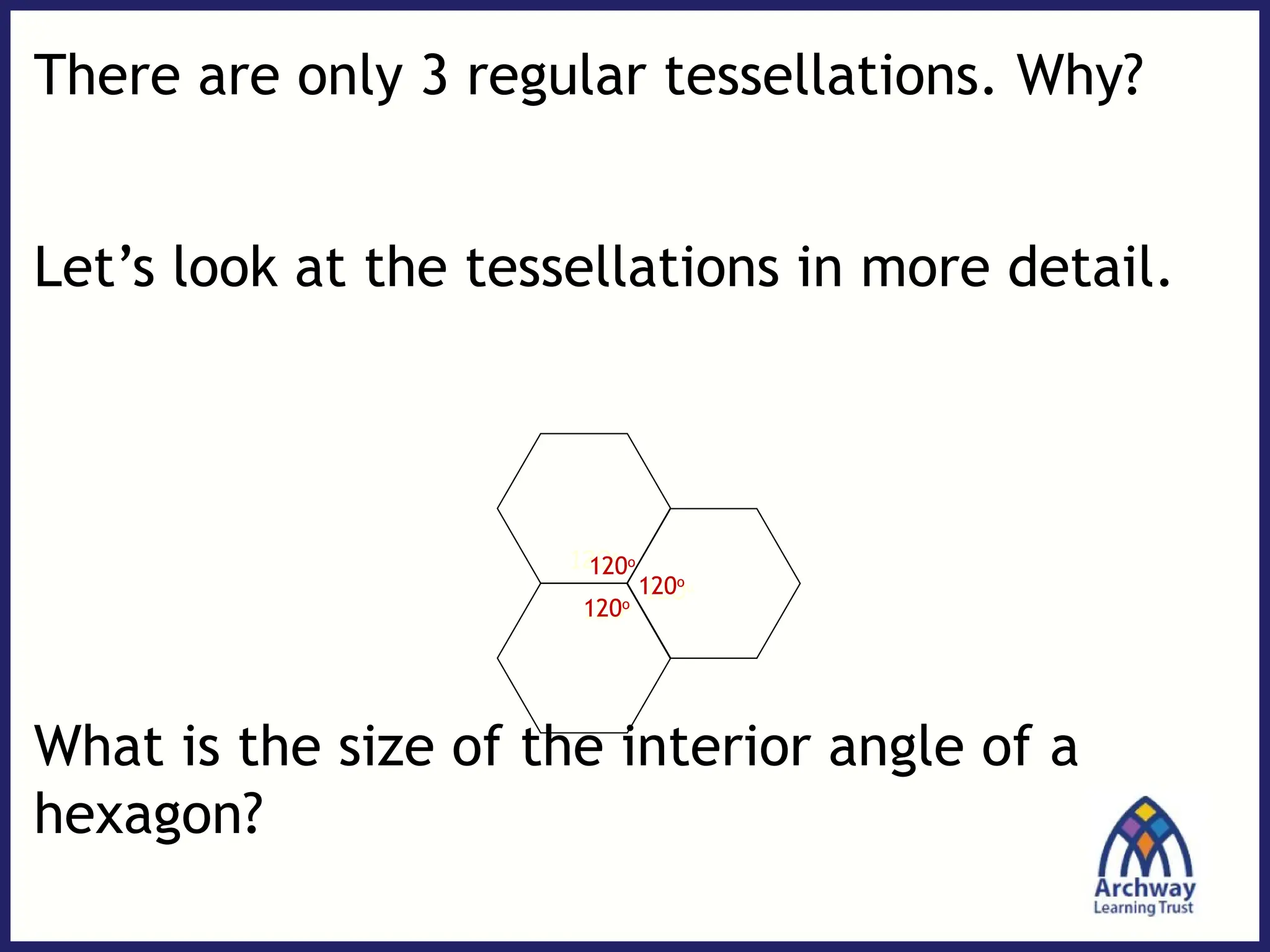 There are only 3 regular tessellations. Why?
Let’s look at the tessellations in more detail.
What is the size of the interior angle of a
hexagon?
120o
120o
120o
120o
120o
120o
 
