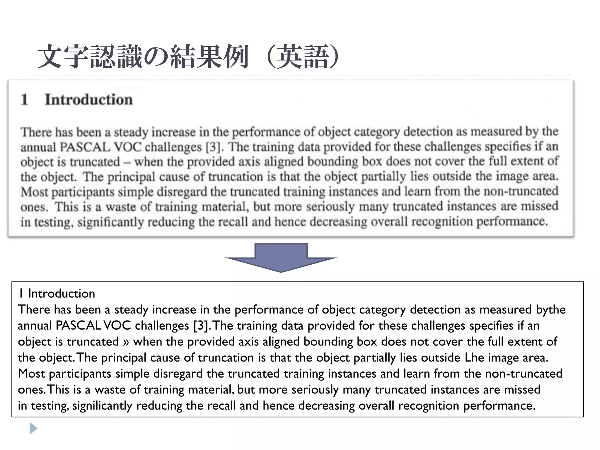 文字認識の結果例（英語）




1 Introduction
There has been a steady increase in the performance of object category detection as measured bythe
annual PASCAL VOC challenges [3]. The training data provided for these challenges specifies if an
object is truncated » when the provided axis aligned bounding box does not cover the full extent of
the object. The principal cause of truncation is that the object partially lies outside Lhe image area.
Most participants simple disregard the truncated training instances and learn from the non-truncated
ones. This is a waste of training material, but more seriously many truncated instances are missed
in testing, signilicantly reducing the recall and hence decreasing overall recognition performance.
 