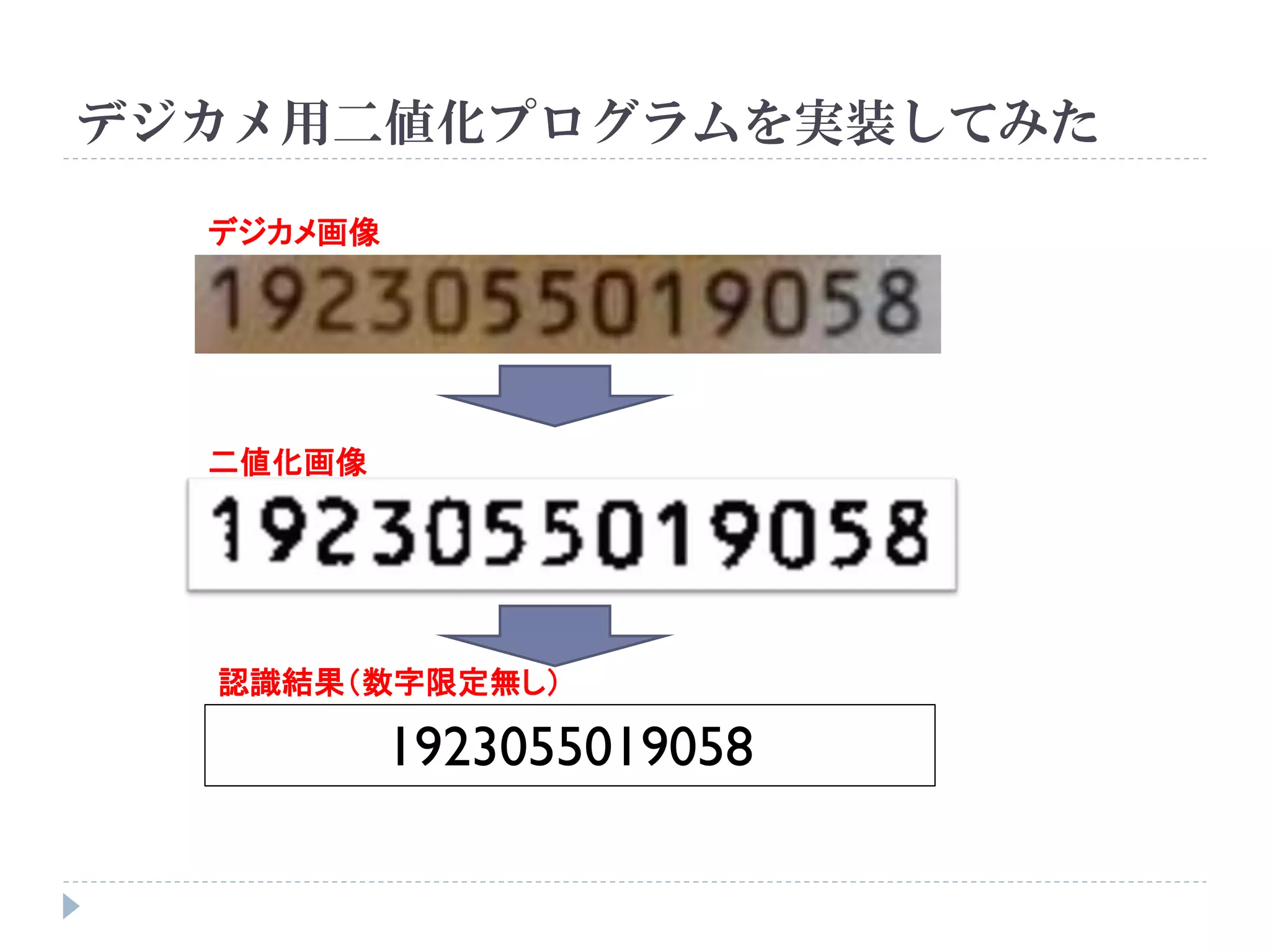 デジカメ用二値化プログラムを実装してみた

  デジカメ画像




  二値化画像




  認識結果（数字限定無し）

           1923055019058
 