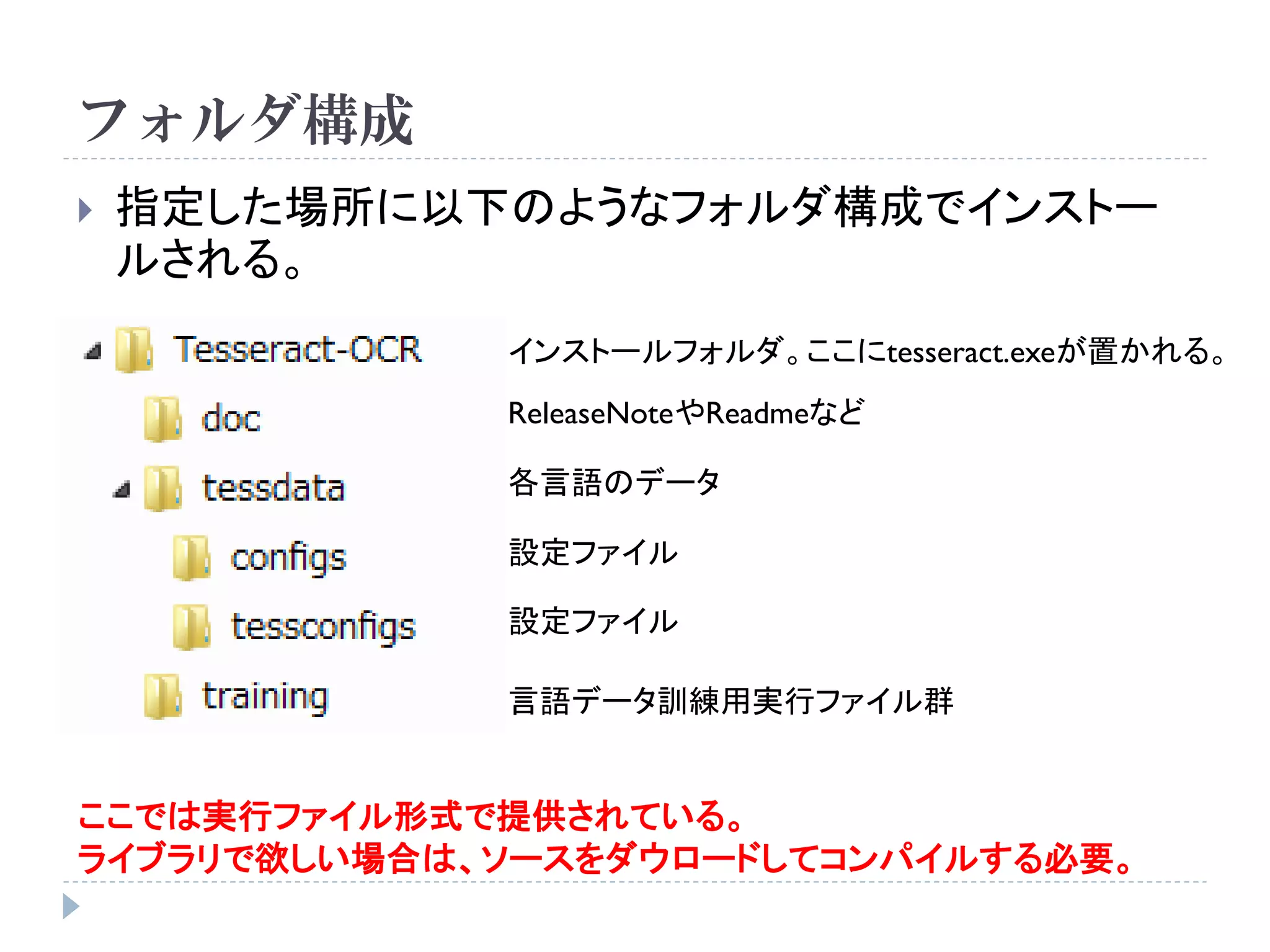 フォルダ構成
   指定した場所に以下のようなフォルダ構成でインストー
    ルされる。
             インストールフォルダ。ここにtesseract.exeが置かれる。
             ReleaseNoteやReadmeなど

             各言語のデータ

             設定ファイル

             設定ファイル

             言語データ訓練用実行ファイル群


ここでは実行ファイル形式で提供されている。
ライブラリで欲しい場合は、ソースをダウロードしてコンパイルする必要。
 