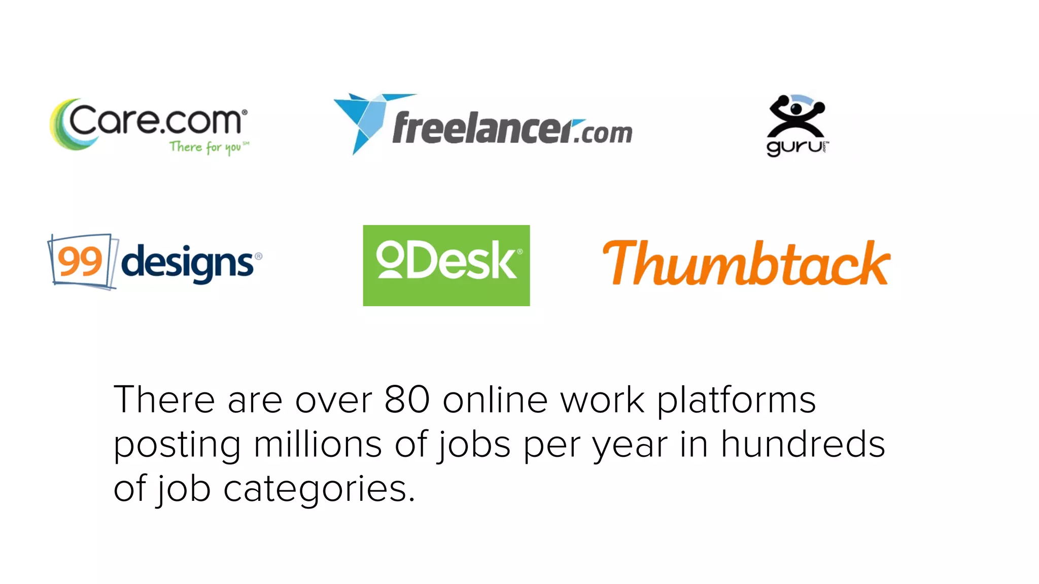 There are over 80 online work platforms
posting millions of jobs per year in hundreds
of job categories.
 