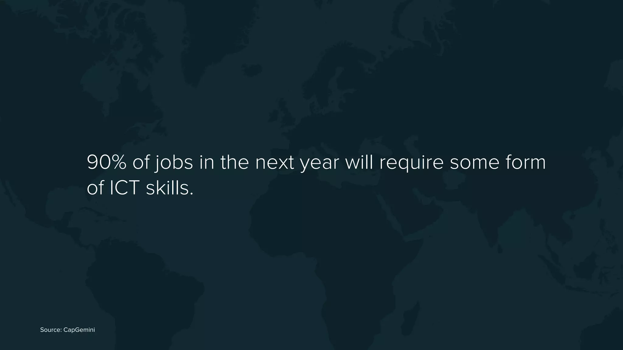 Source: CapGemini
90% of jobs in the next year will require some form
of ICT skills.
 