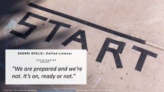 8
T H E O P E N F A C U L T Y P AT C H B O O K
SHERRI SPELIC– Edified Listener
( U n ) p r e p a r e d
“We are prepared and we’re
not. It’s on, ready or not.”
“Fresh Start” flickr photo by cogdogblog https://flickr.com/photos/cogdog/5528772562 shared under a Creative Commons (BY) license
 