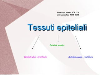 Francesca Sandri 3°B TCS
anno scolastico 2012-2013

Tessuti epiteliali
Epiteliale semplice

Epiteliale pluri- stratificato

Epiteliale pseudo- stratificato

 