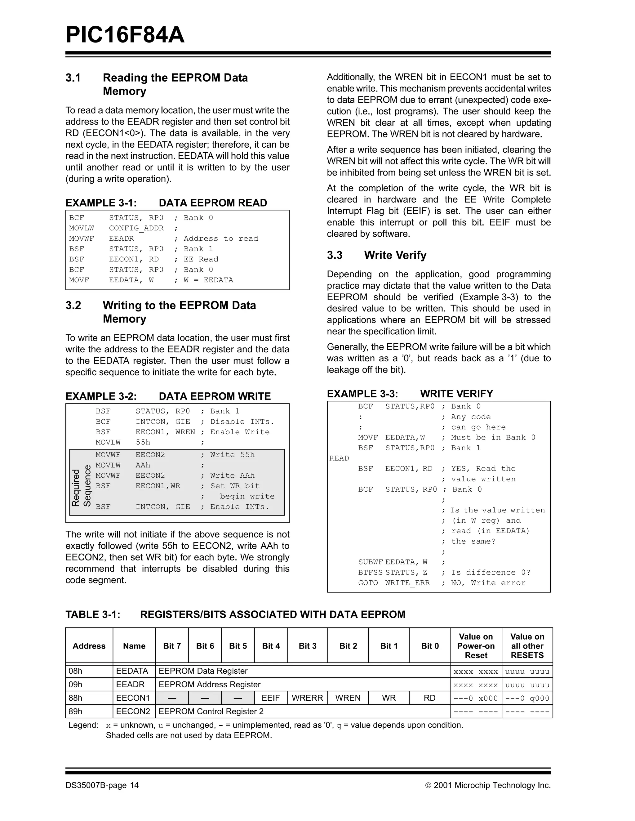 PIC16F84A
3.1          Reading the EEPROM Data                                    Additionally, the WREN bit in EECON1 must be set to
             Memory                                                     enable write. This mechanism prevents accidental writes
                                                                        to data EEPROM due to errant (unexpected) code exe-
To read a data memory location, the user must write the                 cution (i.e., lost programs). The user should keep the
address to the EEADR register and then set control bit                  WREN bit clear at all times, except when updating
RD (EECON1<0>). The data is available, in the very                      EEPROM. The WREN bit is not cleared by hardware.
next cycle, in the EEDATA register; therefore, it can be
                                                                        After a write sequence has been initiated, clearing the
read in the next instruction. EEDATA will hold this value
                                                                        WREN bit will not affect this write cycle. The WR bit will
until another read or until it is written to by the user
                                                                        be inhibited from being set unless the WREN bit is set.
(during a write operation).
                                                                        At the completion of the write cycle, the WR bit is
EXAMPLE 3-1:               DATA EEPROM READ                             cleared in hardware and the EE Write Complete
                                                                        Interrupt Flag bit (EEIF) is set. The user can either
BCF           STATUS, RP0     ;     Bank 0
                                                                        enable this interrupt or poll this bit. EEIF must be
MOVLW         CONFIG_ADDR     ;
MOVWF         EEADR           ;     Address to read                     cleared by software.
BSF           STATUS, RP0     ;     Bank 1
BSF           EECON1, RD      ;     EE Read                             3.3         Write Verify
BCF           STATUS, RP0     ;     Bank 0
                                                                        Depending on the application, good programming
MOVF          EEDATA, W       ;     W = EEDATA
                                                                        practice may dictate that the value written to the Data
                                                                        EEPROM should be verified (Example 3-3) to the
3.2          Writing to the EEPROM Data                                 desired value to be written. This should be used in
             Memory                                                     applications where an EEPROM bit will be stressed
                                                                        near the specification limit.
To write an EEPROM data location, the user must first
write the address to the EEADR register and the data                    Generally, the EEPROM write failure will be a bit which
to the EEDATA register. Then the user must follow a                     was written as a ’0’, but reads back as a ’1’ (due to
specific sequence to initiate the write for each byte.                  leakage off the bit).

EXAMPLE 3-2:               DATA EEPROM WRITE                            EXAMPLE 3-3:             WRITE VERIFY
                                                                                   BCF STATUS,RP0 ; Bank 0
            BSF       STATUS, RP0      ; Bank 1
                                                                                   :              ; Any code
            BCF       INTCON, GIE      ; Disable INTs.
                                                                                   :              ; can go here
            BSF       EECON1, WREN     ; Enable Write
                                                                                   MOVF EEDATA,W  ; Must be in Bank 0
            MOVLW     55h              ;
                                                                                   BSF STATUS,RP0 ; Bank 1
            MOVWF     EECON2           ;   Write 55h                    READ
            MOVLW     AAh              ;
 Sequence




                                                                                   BSF    EECON1, RD
                                                                                                   ; YES, Read the
 Required




            MOVWF     EECON2           ;   Write AAh                                               ; value written
            BSF       EECON1,WR        ;   Set WR bit                              BCF STATUS, RP0 ; Bank 0
                                       ;     begin write                                           ;
            BSF       INTCON, GIE      ;   Enable INTs.                                            ; Is the value written
                                                                                                   ; (in W reg) and
                                                                                                   ; read (in EEDATA)
The write will not initiate if the above sequence is not
                                                                                                   ; the same?
exactly followed (write 55h to EECON2, write AAh to
                                                                                                   ;
EECON2, then set WR bit) for each byte. We strongly                                SUBWF EEDATA, W ;
recommend that interrupts be disabled during this                                  BTFSS STATUS, Z ; Is difference 0?
code segment.                                                                      GOTO WRITE_ERR ; NO, Write error



TABLE 3-1:             REGISTERS/BITS ASSOCIATED WITH DATA EEPROM

                                                                                                          Value on     Value on
 Address            Name    Bit 7     Bit 6   Bit 5    Bit 4    Bit 3      Bit 2         Bit 1   Bit 0    Power-on     all other
                                                                                                           Reset       RESETS
08h               EEDATA   EEPROM Data Register                                                          xxxx xxxx uuuu uuuu
09h               EEADR    EEPROM Address Register                                                       xxxx xxxx uuuu uuuu
88h               EECON1     —         —       —       EEIF    WRERR      WREN           WR       RD     ---0 x000 ---0 q000
89h               EECON2   EEPROM Control Register 2                                                     ---- ---- ---- ----
Legend: x = unknown, u = unchanged, - = unimplemented, read as '0', q = value depends upon condition.
        Shaded cells are not used by data EEPROM.




DS35007B-page 14                                                                                  © 2001 Microchip Technology Inc.
 
