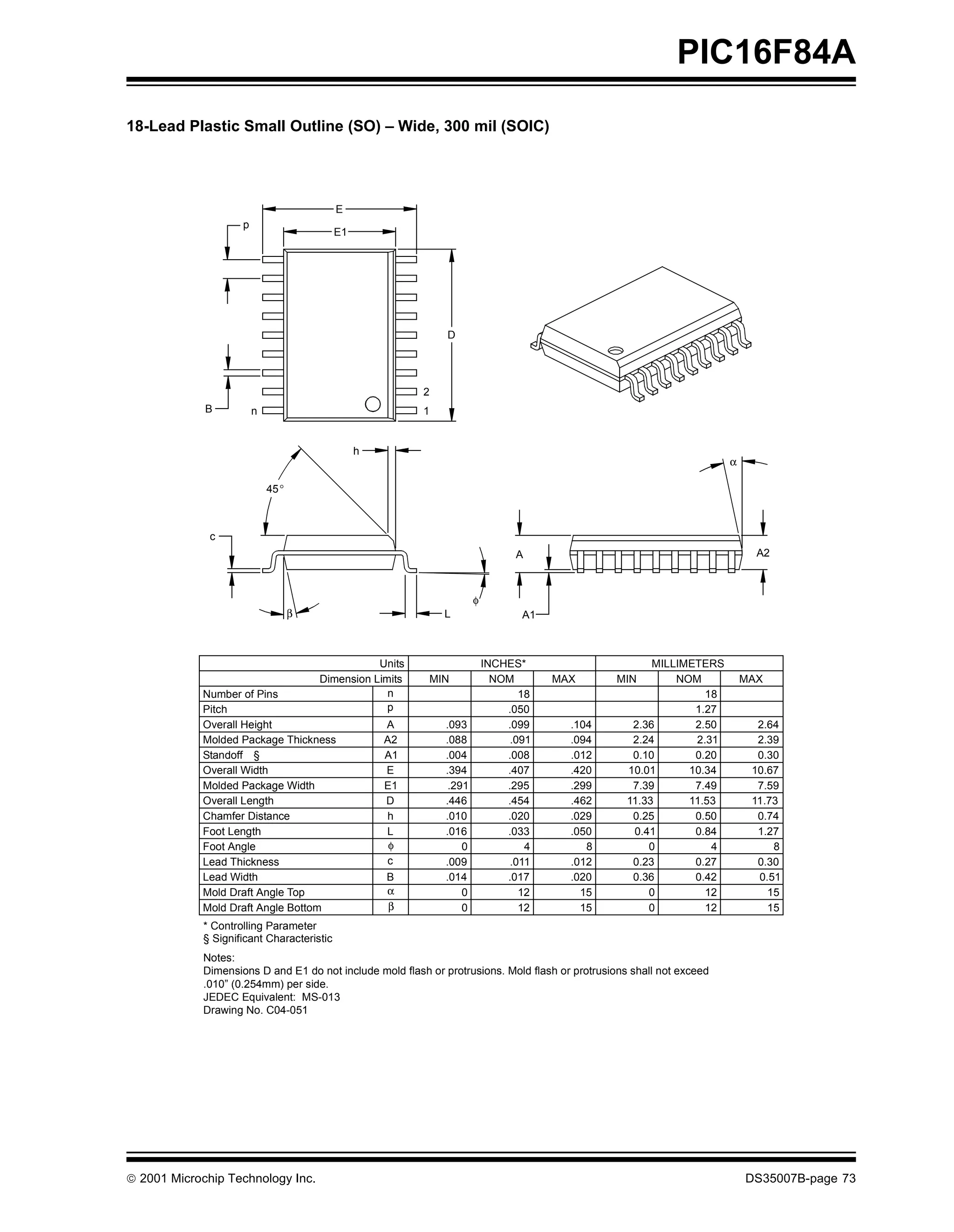 PIC16F84A
18-Lead Plastic Small Outline (SO) – Wide, 300 mil (SOIC)




                                           E
                    p
                                           E1




                                                              D




                                                          2
             B          n                                 1


                                                h
                                                                                                                       α

                            45 °



              c
                                                                                A                                            A2



                                                                      φ
                                   β                          L                  A1



                                                  Units                   INCHES*                       MILLIMETERS
                                       Dimension Limits   MIN               NOM       MAX        MIN        NOM            MAX
            Number of Pins                          n                            18                              18
            Pitch                                   p                         .050                             1.27
            Overall Height                          A         .093            .099      .104        2.36       2.50          2.64
            Molded Package Thickness                A2        .088             .091     .094        2.24       2.31          2.39
            Standoff §                              A1        .004            .008      .012        0.10       0.20          0.30
            Overall Width                           E         .394            .407      .420       10.01      10.34         10.67
            Molded Package Width                    E1         .291           .295      .299        7.39       7.49          7.59
            Overall Length                          D         .446            .454      .462       11.33      11.53         11.73
            Chamfer Distance                        h         .010            .020      .029        0.25       0.50          0.74
            Foot Length                             L         .016            .033      .050        0.41       0.84          1.27
            Foot Angle                               φ            0               4        8           0          4             8
            Lead Thickness                          c         .009             .011     .012        0.23       0.27          0.30
            Lead Width                              B         .014            .017      .020        0.36       0.42          0.51
            Mold Draft Angle Top                    α             0              12       15           0         12            15
            Mold Draft Angle Bottom                  β            0              12       15           0         12            15
            * Controlling Parameter
            § Significant Characteristic
            Notes:
            Dimensions D and E1 do not include mold flash or protrusions. Mold flash or protrusions shall not exceed
            .010” (0.254mm) per side.
            JEDEC Equivalent: MS-013
            Drawing No. C04-051




© 2001 Microchip Technology Inc.                                                                                           DS35007B-page 73
 