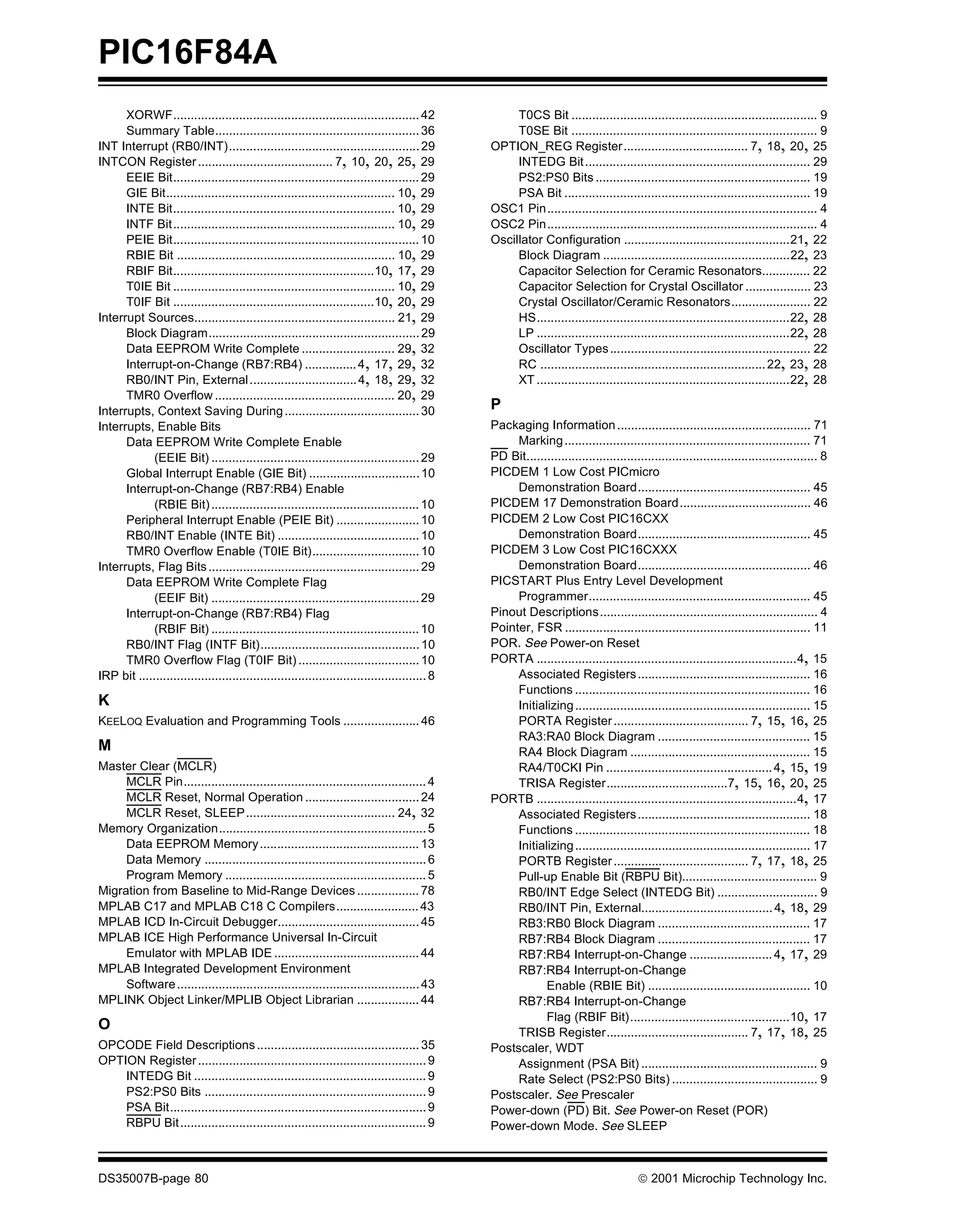 PIC16F84A
      XORWF....................................................................... 42                T0CS Bit ....................................................................... 9
      Summary Table........................................................... 36                    T0SE Bit ....................................................................... 9
INT Interrupt (RB0/INT)....................................................... 29               OPTION_REG Register.................................... 7, 18, 20, 25
INTCON Register ....................................... 7, 10, 20, 25, 29                            INTEDG Bit ................................................................. 29
      EEIE Bit....................................................................... 29             PS2:PS0 Bits .............................................................. 19
      GIE Bit.................................................................. 10, 29               PSA Bit ....................................................................... 19
      INTE Bit................................................................ 10, 29           OSC1 Pin.............................................................................. 4
      INTF Bit ................................................................ 10, 29          OSC2 Pin.............................................................................. 4
      PEIE Bit....................................................................... 10        Oscillator Configuration ................................................21, 22
      RBIE Bit ............................................................... 10, 29                Block Diagram ......................................................22, 23
      RBIF Bit..........................................................10, 17, 29                   Capacitor Selection for Ceramic Resonators.............. 22
      T0IE Bit ................................................................ 10, 29               Capacitor Selection for Crystal Oscillator ................... 23
      T0IF Bit ..........................................................10, 20, 29                  Crystal Oscillator/Ceramic Resonators....................... 22
Interrupt Sources.......................................................... 21, 29                   HS.........................................................................22, 28
      Block Diagram............................................................. 29                  LP .........................................................................22, 28
      Data EEPROM Write Complete ........................... 29, 32                                  Oscillator Types .......................................................... 22
      Interrupt-on-Change (RB7:RB4) ............... 4, 17, 29, 32                                    RC ................................................................. 22, 23, 28
      RB0/INT Pin, External ............................... 4, 18, 29, 32                            XT .........................................................................22, 28
      TMR0 Overflow .................................................... 20, 29
Interrupts, Context Saving During ....................................... 30                    P
Interrupts, Enable Bits                                                                         Packaging Information ........................................................ 71
      Data EEPROM Write Complete Enable                                                              Marking ....................................................................... 71
             (EEIE Bit) ............................................................ 29         PD Bit.................................................................................... 8
      Global Interrupt Enable (GIE Bit) ................................ 10                     PICDEM 1 Low Cost PICmicro
      Interrupt-on-Change (RB7:RB4) Enable                                                           Demonstration Board.................................................. 45
             (RBIE Bit) ............................................................ 10         PICDEM 17 Demonstration Board...................................... 46
      Peripheral Interrupt Enable (PEIE Bit) ........................ 10                        PICDEM 2 Low Cost PIC16CXX
      RB0/INT Enable (INTE Bit) ......................................... 10                         Demonstration Board.................................................. 45
      TMR0 Overflow Enable (T0IE Bit)............................... 10                         PICDEM 3 Low Cost PIC16CXXX
Interrupts, Flag Bits ............................................................. 29               Demonstration Board.................................................. 46
      Data EEPROM Write Complete Flag                                                           PICSTART Plus Entry Level Development
             (EEIF Bit) ............................................................ 29              Programmer................................................................ 45
      Interrupt-on-Change (RB7:RB4) Flag                                                        Pinout Descriptions............................................................... 4
             (RBIF Bit) ............................................................ 10         Pointer, FSR ....................................................................... 11
      RB0/INT Flag (INTF Bit).............................................. 10                  POR. See Power-on Reset
      TMR0 Overflow Flag (T0IF Bit) ................................... 10                      PORTA ...........................................................................4, 15
IRP bit ................................................................................... 8        Associated Registers .................................................. 16
                                                                                                     Functions .................................................................... 16
K                                                                                                    Initializing .................................................................... 15
KEELOQ Evaluation and Programming Tools ...................... 46                                    PORTA Register ....................................... 7, 15, 16, 25
                                                                                                     RA3:RA0 Block Diagram ............................................ 15
M                                                                                                    RA4 Block Diagram .................................................... 15
Master Clear (MCLR)                                                                                  RA4/T0CKI Pin ................................................ 4, 15, 19
     MCLR Pin...................................................................... 4                TRISA Register...................................7, 15, 16, 20, 25
     MCLR Reset, Normal Operation ................................. 24                          PORTB ...........................................................................4, 17
     MCLR Reset, SLEEP ........................................... 24, 32                            Associated Registers .................................................. 18
Memory Organization............................................................ 5                    Functions .................................................................... 18
     Data EEPROM Memory .............................................. 13                            Initializing .................................................................... 17
     Data Memory ................................................................ 6                  PORTB Register ....................................... 7, 17, 18, 25
     Program Memory .......................................................... 5                     Pull-up Enable Bit (RBPU Bit)....................................... 9
Migration from Baseline to Mid-Range Devices .................. 78                                   RB0/INT Edge Select (INTEDG Bit) ............................. 9
MPLAB C17 and MPLAB C18 C Compilers........................ 43                                       RB0/INT Pin, External...................................... 4, 18, 29
MPLAB ICD In-Circuit Debugger......................................... 45                            RB3:RB0 Block Diagram ............................................ 17
MPLAB ICE High Performance Universal In-Circuit                                                      RB7:RB4 Block Diagram ............................................ 17
     Emulator with MPLAB IDE .......................................... 44                           RB7:RB4 Interrupt-on-Change ........................ 4, 17, 29
MPLAB Integrated Development Environment                                                             RB7:RB4 Interrupt-on-Change
     Software ...................................................................... 43                     Enable (RBIE Bit) ............................................... 10
MPLINK Object Linker/MPLIB Object Librarian .................. 44                                    RB7:RB4 Interrupt-on-Change
                                                                                                            Flag (RBIF Bit)..............................................10, 17
O                                                                                                    TRISB Register......................................... 7, 17, 18, 25
OPCODE Field Descriptions ............................................... 35                    Postscaler, WDT
OPTION Register .................................................................. 9                 Assignment (PSA Bit) ................................................... 9
    INTEDG Bit ................................................................... 9                 Rate Select (PS2:PS0 Bits) .......................................... 9
    PS2:PS0 Bits ................................................................ 9             Postscaler. See Prescaler
    PSA Bit.......................................................................... 9         Power-down (PD) Bit. See Power-on Reset (POR)
    RBPU Bit ....................................................................... 9          Power-down Mode. See SLEEP



DS35007B-page 80                                                                                                                        © 2001 Microchip Technology Inc.
 