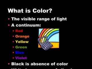 What is Color? The visible range of light A continuum: Red Orange Yellow Green Blue Violet Black is absence of color White is presence of all colors 