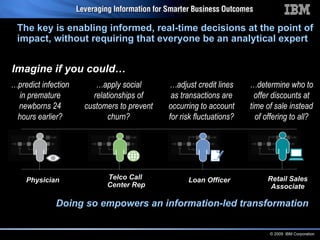 Doing so empowers an information-led transformation Physician Telco Call  Center Rep Loan Officer Retail Sales Associate … predict infection in premature newborns 24 hours earlier? … apply social relationships of customers to prevent churn? … adjust credit lines as transactions are occurring to account for risk fluctuations? … determine who to offer discounts at time of sale instead of offering to all? The key is enabling informed, real-time decisions at the point of impact, without requiring that everyone be an analytical expert Imagine if you could… 