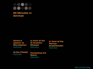 Sorkin’s         In front of the   In front of the
speech at        Al Husseini       Roman
Roundabout       Mosque            Amphitheater
Click here       Click here        Click here

At the Citadel   Contesting the
Click here
                 Stairs
                 Click here




                                                     Back to Main Page
 