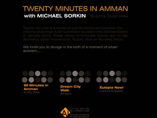 60 Minutes in   Dream City
Amman                        Eutopia Now!
                Walk         Lecture snippets
A City Walk     Artwork
 