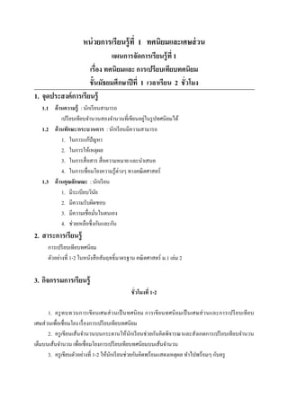 หน่ วยการเรียนรู้ ที 1 ทศนิยมและเศษส่ วน
                             แผนการจัดการเรียนรู้ ที 1
                     เรือง ทศนิยมและ การเปรียบเทียบทศนิยม
                     ชั7นมัธยมศึกษาปี ที 1 เวลาเรียน 2 ชัวโมง
1. จุดประสงค์ การเรียนรู้
   1.1 ด้ านความรู้ : นักเรี ยนสามารถ
                                                ่
           เปรี ยบเทียบจํานวนสองจํานวนทีเขียนอยูในรู ปทศนิยมได้
   1.2 ด้ านทักษะ/กระบวนการ : นักเรี ยนมีความสามารถ
           1. ในการแก้ปัญหา
           2. ในการให้เหตุผล
           3. ในการสื อสาร สื อความหมาย และนําเสนอ
           4. ในการเชือมโยงความรู ้ต่างๆ ทางคณิ ตศาสตร์
   1.3 ด้ านคุณลักษณะ : นักเรี ยน
           1. มีระเบียบวินย  ั
           2. มีความรับผิดชอบ
           3. มีความเชือมันในตนเอง
           4. ช่วยเหลือซึ งกันและกัน
2. สาระการเรียนรู้
      การเปรี ยบเทียบทศนิยม
      ตัวอย่างที 1-2 ในหนังสื อสัมฤทธิLมาตรฐาน คณิ ตศาสตร์ ม.1 เล่ม 2

3. กิจกรรมการเรียนรู้
                                             ชั วโมงที 1-2

       1. ครู ทบทวนการเขี ย นเศษส่ วนเป็ นทศนิ ยม การเขี ยนทศนิ ย มเป็ นเศษส่ วนและการเปรี ย บเที ย บ
เศษส่ วนเพือเชือมโยง เรื องการเปรี ยบเทียบทศนิยม
       2. ครู เขียนเส้นจํานวนบนกระดานให้นกเรี ยนช่วยกันคิดพิจารณาและสังเกตการเปรี ยบเทียบจํานวน
                                                ั
เต็มบนเส้นจํานวน เพือเชือมโยงการเปรี ยบเทียบทศนิยมบนเส้นจํานวน
       3. ครู เขียนตัวอย่างที 1-2 ให้นกเรี ยนช่วยกันคิดพร้อมแสดงเหตุผล ทําไปพร้อมๆ กับครู
                                      ั
 