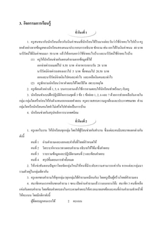 3. กิจกรรมการเรียนรู้
                                                ชั วโมงที 1

        1. ครู สนทนากับนักเรี ยนเกี ยวกับเงิ นค่าขนมทีนักเรี ยนได้รับมาแต่ละวันว่าใช้จ่ายอะไรไปบ้าง ครู
ยกตัวอย่างจากข้อมูลของนักเรี ยนสองคนมาประกอบการอธิ บาย ซักถาม เช่น เอกได้รับเงินค่าขนม 40 บาท
นารี รัตน์ได้เงินค่าขนมมา 50 บาท แล้วให้เอกบอกว่าใช้จ่ายอะไรบ้าง และนารี รัตน์ใช้จ่ายอะไรบ้าง
           (1) ครู ให้นกเรี ยนช่วยกันตอบคําถามจากข้อมูลทีได้
                          ั
                  เอกจ่ายค่ารถเมลย์ไป 8.50 บาท ค่าอาหารกลางวัน 28 บาท
                  นารี รัตน์จ่ายค่ารถสองแถวไป 5 บาท ซื; อขนมไป 20.50 บาท
                  เอกและนารี รัตน์จ่ายเงินไปคนละเท่าไร และเหลือเงินคนละเท่าไร
           (2) ครู ซกถามนักเรี ยนว่าหาคําตอบได้โดยวิธีใด เพราะเหตุใด
                       ั
        2. ครู เขียนตัวอย่างที 1, 5, 6 บนกระดานแล้วใช้การถามตอบให้นกเรี ยนทําพร้อมๆ กับครู
                                                                          ั
        3. นักเรี ยนทําแบบฝึ กปฏิบติกิจกรรมชุ ดที 3 ข้อ 1 ข้อย่อย 1, 2, 6 และ 7 ด้วยการช่วยเหลือกันภายใน
                                      ั
กลุ่ม กลุ่มใดเสร็ จก่อนให้ส่งตัวแทนออกเฉลยคําตอบ ครู ตรวจสอบความถูกต้องและประกาศชมเชย ส่ วน
กลุ่มใดหรื อนักเรี ยนคนใดทําไม่เสร็ จไปทําต่อเป็ นการบ้าน
        4. นักเรี ยนช่วยกันสรุ ปหลักการบวกทศนิยม
                                                ชั วโมงที 2

         1. ครู แจกใบงาน ให้นกเรี ยนทุกกลุ่ม โดยให้ผเู ้ รี ยนช่วยกันทํางาน ซึ งแต่ละคนมีบทบาทแตกต่างกัน
                             ั
ดังนี;
                                                        ํ
            คนที 1 อ่านคําถามและแยกแยะคําสังทีโจทย์กาหนดให้
            คนที 2 วิเคราะห์หาแนวทางตอบคําถาม อธิ บายให้ได้มาซึงคําตอบ
            คนที 3 รวบรวมข้อมูลและปฏิบติตามคนที 2 และเขียนคําตอบ
                                          ั
            คนที 4 สรุ ปขั;นตอนการทําทั;งหมด
       2. ให้แข่ ง ขันตอบปั ญหาโดยจัดกลุ่ มใหม่ใ ห้ค นที มี ระดับ ความสามารถเท่ า กัน จากแต่ ละกลุ่ ม มา
รวมตัวอยูในกลุ่มเดียวกัน
          ่
       3. ครู แจกซองคําถามให้ทุกกลุ่ม (ทุกกลุ่มได้คาถามเหมือนกัน) โดยครู เป็ นผูสร้างโจทย์คาถามเอง
                                                   ํ                            ้          ํ
       4. สมาชิ กคนแรกหยิบซองคําถาม 1 ซอง เปิ ดอ่านคําถามแล้ววางลงกลางโต๊ะ สมาชิ ก 3 คนทีเหลื อ
แข่งกันตอบคําถาม โดยเขียนคําตอบลงในกระดาษคําตอบให้ตรงหมายเลขข้อและคนทีอ่านคําถามทําหน้าที
ให้คะแนน โดยมีกติกาดังนี;
            ผูทีตอบถูกคนแรกได้
              ้                          2 คะแนน
 