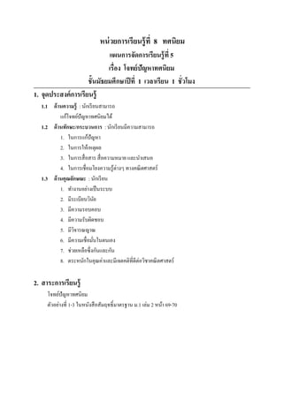 หน่ วยการเรียนรู้ ที 8 ทศนิยม
                             แผนการจัดการเรียนรู้ ที 5
                             เรือง โจทย์ ปัญหาทศนิยม
                     ชั7นมัธยมศึกษาปี ที 1 เวลาเรียน 1 ชัวโมง
1. จุดประสงค์ การเรียนรู้
  1.1 ด้ านความรู้ : นักเรี ยนสามารถ
          แก้โจทย์ปัญหาทศนิยมได้
  1.2 ด้ านทักษะ/กระบวนการ : นักเรี ยนมีความสามารถ
          1. ในการแก้ปัญหา
          2. ในการให้เหตุผล
          3. ในการสื อสาร สื อความหมาย และนําเสนอ
          4. ในการเชือมโยงความรู ้ต่างๆ ทางคณิ ตศาสตร์
  1.3 ด้ านคุณลักษณะ : นักเรี ยน
          1. ทํางานอย่างเป็ นระบบ
          2. มีระเบียบวินย  ั
          3. มีความรอบคอบ
          4. มีความรับผิดชอบ
          5. มีวจารณญาณ
                ิ
          6. มีความเชือมันในตนเอง
          7. ช่วยเหลือซึ งกันและกัน
          8. ตระหนักในคุณค่าและมีเจตคติทีดีต่อวิชาคณิ ตศาสตร์

2. สาระการเรียนรู้
     โจทย์ปัญหาทศนิยม
     ตัวอย่างที 1-3 ในหนังสื อสัมฤทธิLมาตรฐาน ม.1 เล่ม 2 หน้า 69-70
 