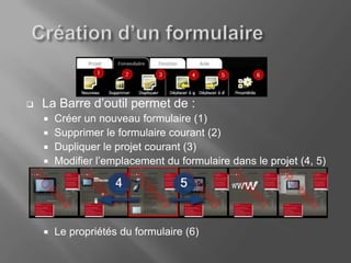    La Barre d’outil permet de :
     Créer un nouveau formulaire (1)
     Supprimer le formulaire courant (2)
     Dupliquer le projet courant (3)
     Modifier l’emplacement du formulaire dans le projet (4, 5)




       Le propriétés du formulaire (6)
 