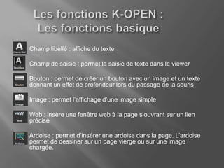 1.   Champ libellé : affiche du texte

2.   Champ de saisie : permet la saisie de texte dans le viewer

3.   Bouton : permet de créer un bouton avec un image et un texte
     donnant un effet de profondeur lors du passage de la souris

4.   Image : permet l’affichage d’une image simple

5.   Web : insère une fenêtre web à la page s’ouvrant sur un lien
     précisé

6.   Ardoise : permet d’insérer une ardoise dans la page. L’ardoise
     permet de dessiner sur un page vierge ou sur une image
     chargée.
 