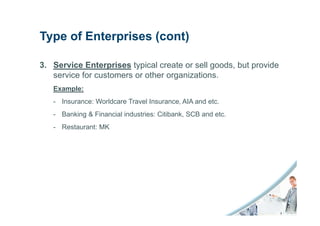 Type of Enterprises (cont)

3. Service Enterprises typical create or sell goods, but provide
   service for customers or other organizations.
   Example:
   - Insurance: Worldcare Travel Insurance, AIA and etc.
   - Banking & Financial industries: Citibank, SCB and etc.
   - Restaurant: MK
 
