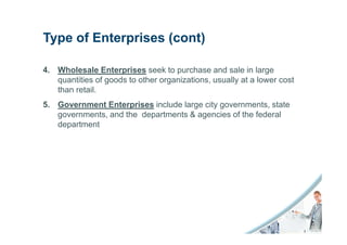 Type of Enterprises (cont)

4. Wholesale Enterprises seek to purchase and sale in large
   quantities of goods to other organizations, usually at a lower cost
   than retail.
5. Government Enterprises include large city governments, state
   governments, and the departments & agencies of the federal
   department
 