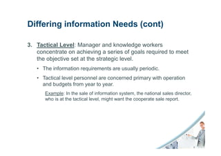 Differing information Needs (cont)

3. Tactical Level: Manager and knowledge workers
   concentrate on achieving a series of goals required to meet
   the objective set at the strategic level.
   • The information requirements are usually periodic.
   • Tactical level personnel are concerned primary with operation
     and budgets from year to year.
      Example: In the sale of information system, the national sales director,
      who is at the tactical level, might want the cooperate sale report.
 