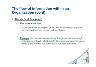 The flow of information within an
Organization (cont)
1. The Vertical flow (cont)
   1.2. The downward flow
       - Consists of the strategies, goals, and directive that originate
         at one level and are passed to lower levels


       Example: An overall sales goal might originate at the strategic
        management level., which would develop more specific sales
        goals pass them to the operational management level.
 