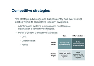 Competitive strategies

  “the strategic advantage one business entity has over its rival
  entities within its competitive industry” (Wikipedia)
  • All information systems in organization must facilitate
    organization’s competitive strategies.
  • Porter’s Generic Competitive Strategies:
                                                     Cost           Differentiation
      • Cost
      • Differentiation                                                 Better
                                      Broad     Lowest cost
                                                                    product/service
      • Focus                         target   across industry
                                                                    across industry



                                                                          Better
                                      Narrow   Lowest cost within
                                                                     product/service
                                      target      an industry
                                                                    within an industry
                                                   segment
                                                                         segment
 