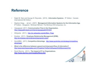 Reference

•   Ralph M. Stair and George W. Reynolds. (2010). Information Systems. 9th Edition. Canada :
    International ISE Edition.

•   Stephen Haag. … [et al.]. (2007). Management Information Systems for the Information Age.
    6th Edition. Singapore : McGraw-Hill/Irwin, The McGraw-Hill Companies, Inc.

•   Vijayagopal. (2011). Communication Flow in the Organization.
    http://vijagopalk.tripod.com/trainervijayagopal/id19.html

•   Wikipedia. (2011). http://en.wikipedia.org/wiki/Main_Page

•   Kioskea. (2011). Employee Relationship Management (ERM).
    http://en.kioskea.net/contents/entreprise/erm.php3

•   QuickMBA. (2011). Competitive Advantage. http://www.quickmba.com/strategy/competitive-
    advantage/

•   What is the difference between upward and downward flow of information?.
    http://www.kaschassociates.com/101web/ex1%20oc%20upward%20downward.htm

•   David Skyrme. (2011). The Impact of IT on Organizations.
    http://www.skyrme.com/insights/5itorg.htm
 