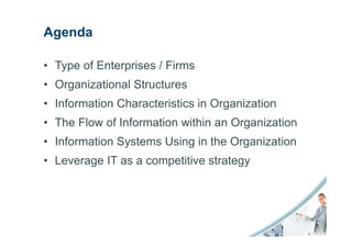 Agenda

• Type of Enterprises / Firms
• Organizational Structures
• Information Characteristics in Organization
• The Flow of Information within an Organization
• Information Systems Using in the Organization
• Leverage IT as a competitive strategy
 
