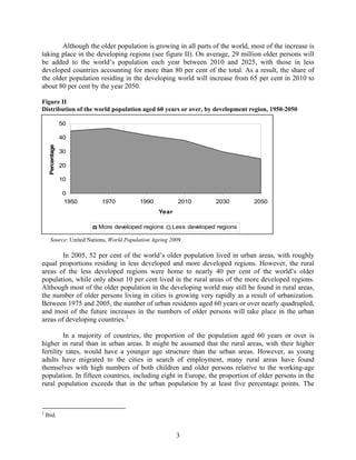 Although the older population is growing in all parts of the world, most of the increase is
taking place in the developing regions (see figure II). On average, 29 million older persons will
be added to the world’s population each year between 2010 and 2025, with those in less
developed countries accounting for more than 80 per cent of the total. As a result, the share of
the older population residing in the developing world will increase from 65 per cent in 2010 to
about 80 per cent by the year 2050.

Figure II
Distribution of the world population aged 60 years or over, by development region, 1950-2050

                  50

                  40
     Percentage




                  30

                  20

                  10

                  0
                  1950    1970            1990           2010        2030       2050
                                                 Year

                         More developed regions        Less developed regions

      Source: United Nations, World Population Ageing 2009.

        In 2005, 52 per cent of the world’s older population lived in urban areas, with roughly
equal proportions residing in less developed and more developed regions. However, the rural
areas of the less developed regions were home to nearly 40 per cent of the world’s older
population, while only about 10 per cent lived in the rural areas of the more developed regions.
Although most of the older population in the developing world may still be found in rural areas,
the number of older persons living in cities is growing very rapidly as a result of urbanization.
Between 1975 and 2005, the number of urban residents aged 60 years or over nearly quadrupled,
and most of the future increases in the numbers of older persons will take place in the urban
areas of developing countries. 2

         In a majority of countries, the proportion of the population aged 60 years or over is
higher in rural than in urban areas. It might be assumed that the rural areas, with their higher
fertility rates, would have a younger age structure than the urban areas. However, as young
adults have migrated to the cities in search of employment, many rural areas have found
themselves with high numbers of both children and older persons relative to the working-age
population. In fifteen countries, including eight in Europe, the proportion of older persons in the
rural population exceeds that in the urban population by at least five percentage points. The



2
    Ibid.


                                                        3
 