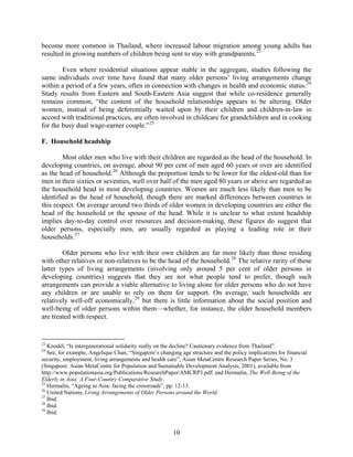 become more common in Thailand, where increased labour migration among young adults has
resulted in growing numbers of children being sent to stay with grandparents. 23

        Even where residential situations appear stable in the aggregate, studies following the
same individuals over time have found that many older persons’ living arrangements change
within a period of a few years, often in connection with changes in health and economic status. 24
Study results from Eastern and South-Eastern Asia suggest that while co-residence generally
remains common, “the content of the household relationships appears to be altering. Older
women, instead of being deferentially waited upon by their children and children-in-law in
accord with traditional practices, are often involved in childcare for grandchildren and in cooking
for the busy dual wage-earner couple.” 25

F. Household headship

        Most older men who live with their children are regarded as the head of the household. In
developing countries, on average, about 90 per cent of men aged 60 years or over are identified
as the head of household. 26 Although the proportion tends to be lower for the oldest-old than for
men in their sixties or seventies, well over half of the men aged 80 years or above are regarded as
the household head in most developing countries. Women are much less likely than men to be
identified as the head of household, though there are marked differences between countries in
this respect. On average around two thirds of older women in developing countries are either the
head of the household or the spouse of the head. While it is unclear to what extent headship
implies day-to-day control over resources and decision-making, these figures do suggest that
older persons, especially men, are usually regarded as playing a leading role in their
households. 27

        Older persons who live with their own children are far more likely than those residing
with other relatives or non-relatives to be the head of the household. 28 The relative rarity of these
latter types of living arrangements (involving only around 5 per cent of older persons in
developing countries) suggests that they are not what people tend to prefer, though such
arrangements can provide a viable alternative to living alone for older persons who do not have
any children or are unable to rely on them for support. On average, such households are
relatively well-off economically, 29 but there is little information about the social position and
well-being of older persons within them—whether, for instance, the older household members
are treated with respect.


23
   Knodel, “Is intergenerational solidarity really on the decline? Cautionary evidence from Thailand”.
24
   See, for example, Angelique Chan, “Singapore’s changing age structure and the policy implications for financial
security, employment, living arrangements and health care”, Asian MetaCentre Research Paper Series, No. 3
(Singapore: Asian MetaCentre for Population and Sustainable Development Analysis, 2001), available from
http://www.populationasia.org/Publications/ResearchPaper/AMCRP3.pdf; and Hermalin, The Well-Being of the
Elderly in Asia: A Four-Country Comparative Study.
25
   Hermalin, “Ageing in Asia: facing the crossroads”, pp. 12-13.
26
   United Nations, Living Arrangements of Older Persons around the World.
27
   Ibid.
28
   Ibid.
29
   Ibid.


                                                        10
 