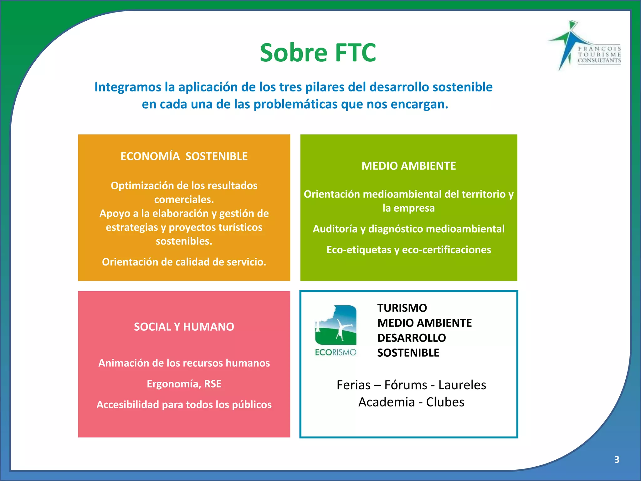 Sobre FTC ECONOMÍA  SOSTENIBLE Optimización de los resultados comerciales. Apoyo a la elaboración y gestión de estrategias y proyectos turísticos sostenibles. Orientación de calidad de servicio . MEDIO AMBIENTE Orientación medioambiental del territorio y la empresa Auditoría y diagnóstico medioambiental Eco-etiquetas y eco-certificaciones SOCIAL Y HUMANO Animación de los recursos humanos Ergonomía, RSE Accesibilidad para todos los públicos Ferias – Fórums - Laureles Academia - Clubes TURISMO  MEDIO AMBIENTE  DESARROLLO SOSTENIBLE Integramos la aplicación de los tres pilares del desarrollo sostenible  en cada una de las problemáticas que nos encargan. 