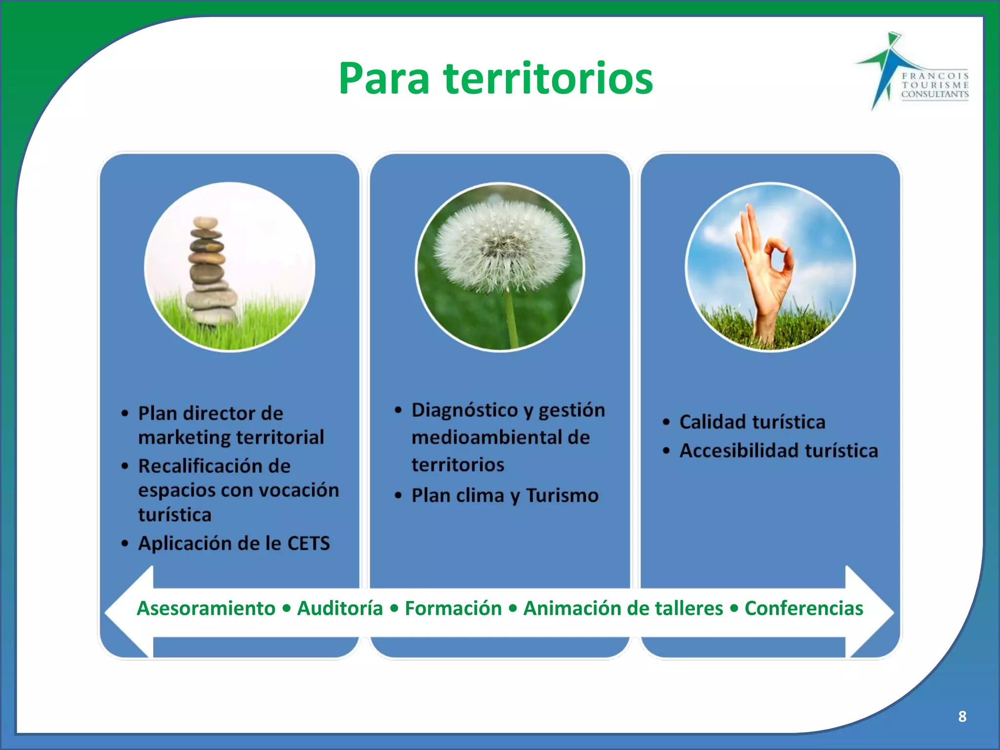 Asesoramiento • Auditoría • Formación • Animación de talleres • Conferencias Para territorios 