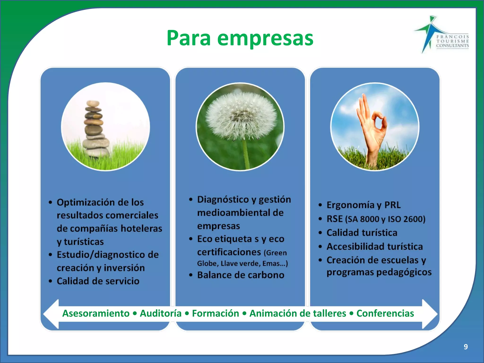 Asesoramiento • Auditoría • Formación • Animación de talleres • Conferencias Para empresas 