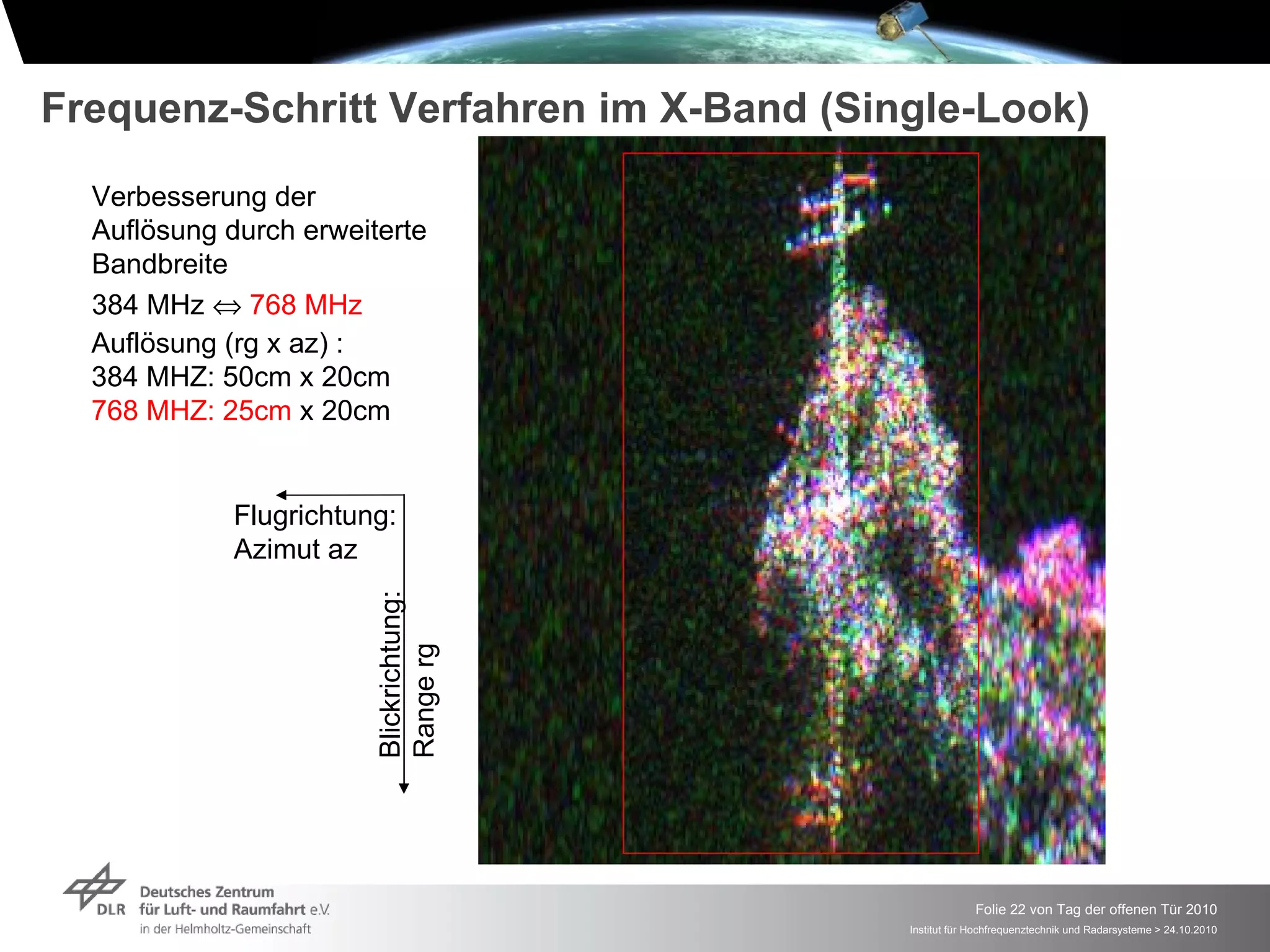Frequenz-Schritt Verfahren im X-Band (Single-Look)
  Verbesserung der
  Auflösung durch erweiterte
  Bandbreite
  384 MHz ⇔ 768 MHz
  Auflösung (rg x az) :
  384 MHZ: 50cm x 20cm
  768 MHZ: 25cm x 20cm


             Flugrichtung:
             Azimut az
                        Blickrichtung:
                        Range rg




                                                      Folie 22 von Tag der offenen Tür 2010
                                         Institut für Hochfrequenztechnik und Radarsysteme > 24.10.2010
 