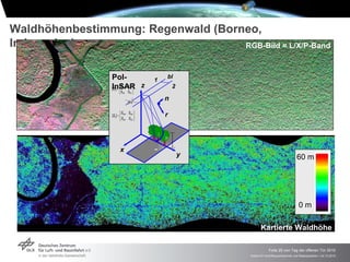 Waldhöhenbestimmung: Regenwald (Borneo,
Indonesien)                         RGB-Bild = L/X/P-Band



                  Pol-                  1
                                            bl
                  InSAR z
                    1
                         S S 
                  [S ] = HH
                              
                                HV              2
                         SVH SVV 
                                            n

                          S S 
                  [S2 ] =  HH HV          r
                           SVH SVV 




                        x                        h
                                                    y                                    60 m




                                                                                           0m

                                                               Kartierte Waldhöhe

                                                                     Folie 25 von Tag der offenen Tür 2010
                                                        Institut für Hochfrequenztechnik und Radarsysteme > 24.10.2010
 
