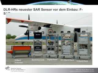 DLR-HRs neuester SAR Sensor vor dem Einbau: F-
SAR




                     Monitor




                    Tastatur



                     Bord-
                    Computer




      X-Band     Bedienkonsole   Digital-Rack   S/C-Band-Rack
                                                                         X-Band-Rack
      Antennen


                                                                       Folie 3 von Tag der offenen Tür 2010
                                                         Institut für Hochfrequenztechnik und Radarsysteme > 24.10.2010
 