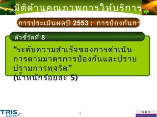 มิต ิด ้ำ นคุณ ภำพกำรให้บ ริก ำร
ระเด็น กำรประเมิน ผลปี 2553 : กำรป้อ งกัน กำรทุจ ร
 ตัว ชี้วตัว่ ชีว ัด ที่ 8 ร้อยละ 10)
         ัด ที 2 ้ (นำ้ำหนัก
    ระดับ ควำมสำำ เร็จ ของร้อ ยละเฉลี่ย ถ่ว งนำ้ำ หนัก ในกำรบรรลุเ ป้ำ หมำยตำม
      “ระดับ ควำมสำำ เร็จ ของกำรดำำ เนิน
    แผนปฏิบ ัต ิร ำชกำรของกลุม ภำรกิจ
                               ่

      กำรตำมมำตรกำรป้อ งกัน และปรำบ
      ปรำมกำรทุจ ริต ”
      (นำ้ำ หนัก ร้อ ยละ 5)



                                        1
 