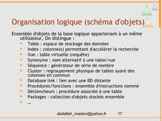 Organisation logique (schéma d'objets)
Ensemble d'objets de la base logique appartenant à un même
    utilisateur, On distingue :
       Table : espace de stockage des données
       Index : colonne(s) permettant d'accélérer la recherche
       Vue : table virtuelle (requête)
       Synonyme : nom alternatif à une table/vue
       Séquence : générateur de série de nombre
       Cluster : regroupement physique de tables ayant des
        colonnes en commun
       Database link : lien avec une BD distante
       Procédures/fonctions : ensemble d'instructions nommé
       Déclencheurs : procédure associée à une table
       Packages : collection d'objets stockés ensemble
       …

                     abdellah_madani@yahoo.fr     17
 