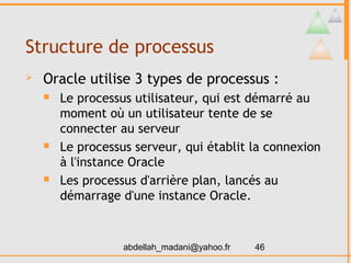 Structure de processus
   Oracle utilise 3 types de processus :
       Le processus utilisateur, qui est démarré au
        moment où un utilisateur tente de se
        connecter au serveur
       Le processus serveur, qui établit la connexion
        à l'instance Oracle
       Les processus d'arrière plan, lancés au
        démarrage d'une instance Oracle.


                   abdellah_madani@yahoo.fr   46
 