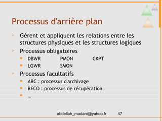 Processus d'arrière plan
   Gèrent et appliquent les relations entre les
    structures physiques et les structures logiques
   Processus obligatoires
       DBWR         PMON            CKPT
       LGWR         SMON
   Processus facultatifs
       ARC : processus d'archivage
       RECO : processus de récupération
       …


                    abdellah_madani@yahoo.fr   47
 