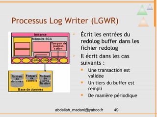 Processus Log Writer (LGWR)
                      Écrit les entrées du
                       redolog buffer dans les
                       fichier redolog
                      Il écrit dans les cas
                       suivants :
                          Une transaction est
                           validée
                          Un tiers du buffer est
                           rempli
                          De manière périodique

           abdellah_madani@yahoo.fr   49
 