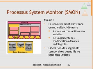 Processus System Monitor (SMON)
                   Assure :
                      Le recouvrement d'instance
                       quand celle-ci démarre
                          Annule les transactions non
                           validées
                          Ré implémente les
                           modifications dans les
                           redolog files
                      Libération des segments
                       temporaires quand ils ne
                       sont plus utilisés


          abdellah_madani@yahoo.fr     50
 