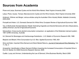 Phare and Labys; Business Cycles and the World Wine Market, West Virginia University 2000 Labys, Phare, Auzias, Terraza; Macroeconomic Cycles and the Wine Industry; West Virginia University 2002 Anderson, Wittmer and Berger; various articles using the Australian Wine Industry Model, Adelaide University 2000-2004 Pompelli and Heien; U.S. Domestic Demand for White Wine; European Review of Agricultural Economics 1990 Yen; A Multivariate Sample-Selection Model: Estimating Cigarette and Alcohol Demands with Zero Observations, (2005) American Journal of Agricultural Economic Selvanathan; Cross-country alcohol consumption comparison: an application of the Rotterdam demand system; 1991 Griffith University, Australia Uri; Demand for Beverages and Interbeverage Substitution ; U.S. Bulletin of Economic Research #38, 1986 Blaylock and Blisard; Wine Consumption by U.S. Men; Applied Economics 1993, #24 Sims and Eyler; Imported Wine Demand and Stock Market Returns,  Journal of International Wine Marketing , Vol. 11, No. 3 Amspacher; Identification of Basic Demand Shifters Impacting the Increased Consumption of Imported Wine in the U.S. Market; for USDA Economic Research Service, 2005. Cuellar, Lucey and Ammen; Understanding the Law of Demand, Wine Business Monthly, March 2006 Sources from Academia 