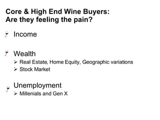Core & High End Wine Buyers:  Are they feeling the pain? Income Wealth  Real Estate, Home Equity, Geographic variations Stock Market Unemployment Millenials and Gen X 