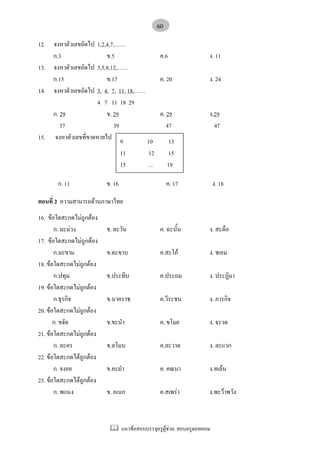 แนวขอสอบบรรจุครูผูชวย: สอบครูดอทคอม
60
12. จงหาตัวเลขถัดไป 1,2,4,7,……
ก.3 ข.5 ค.6 ง. 11
13. จงหาตัวเลขถัดไป 3,5,8,12,……
ก.15 ข.17 ค. 20 ง. 24
14. จงหาตัวเลขถัดไป 3, 4, 7, 11, 18,……
4 7 11 18 29
ก. 29 ข. 29 ค. 29 ง.29
37 39 47 47
15. จงหาตัวเลขที่ขาดหายไป
ก. 11 ข. 16 ค. 17 ง. 18
ตอนที่ 2 ความสามารถดานภาษาไทย
16. ขอใดสะกดไมถูกตอง
ก. มะมวง ข. ตะวัน ค. ฉะนั้น ง. สะดือ
17. ขอใดสะกดไมถูกตอง
ก.มะขาม ข.ตะขาบ ค.สะใภ ง. ชเอม
18. ขอใดสะกดไมถูกตอง
ก.ปทุม ข.ประทีบ ค.ประถม ง. ประฏิมา
19. ขอใดสะกดไมถูกตอง
ก.ธุรกิจ ข.นาคราช ค.วีระชน ง. ภารกิจ
20. ขอใดสะกดไมถูกตอง
ก. ขจัด ข.ขะนํา ค. ขโมย ง. จรวด
21. ขอใดสะกดไมถูกตอง
ก. ละคร ข.ลโมบ ค.ละวาด ง. ละแวก
22. ขอใดสะกดไดถูกตอง
ก. จงอย ข.คะมํา ค. คณนา ง.ทเลน
23. ขอใดสะกดไดถูกตอง
ก. พแนง ข. อเนก ค.สเพรา ง.พะวาพวัง
9 10 13
11 12 15
15 … 19
 