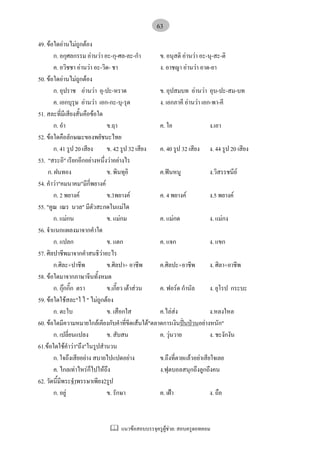 แนวขอสอบบรรจุครูผูชวย: สอบครูดอทคอม
63
49. ขอใดอานไมถูกตอง
ก. อกุศลกรรม อานวา อะ-กุ-ศล-ละ-กํา ข. อนุสติ อานวา อะ-นุ-สะ-ติ
ค. อวิชชา อานวา อะ-วิด- ชา ง. อาชญา อานวา อาด-ยา
50. ขอใดอานไมถูกตอง
ก. อุปราช อานวา อุ-ปะ-หราด ข. อุปสมบท อานวา อุบ-ปะ-สม-บท
ค. เอกบุรุษ อานวา เอก-กะ-บุ-รุด ง. เอกภาคี อานวา เอก-พา-คี
51. สละที่มีเสียงสั้นคือขอใด
ก. อํา ข.ฤา ค. ใอ ง.เอา
52. ขอใดคือลักษณะของพยัชนะไทย
ก. 41 รูป 20 เสียง ข. 42 รูป 32 เสียง ค. 40 รูป 32 เสียง ง. 44 รูป 20 เสียง
53. "สระอิ" เรียกอีกอยางหนึ่งวาอยางไร
ก. ฝนทอง ข. พินทุอิ ค.ฟนหนู ง.วิสรรชนีย
54. คําวา"คมนาคม"มีกี่พยางค
ก. 2 พยางค ข.3พยางค ค. 4 พยางค ง.5 พยางค
55. "คูณ เณร นวล" มีตัวสะกดในแมใด
ก. แมกน ข. แมกม ค. แมกด ง. แมกง
56. จําแนกแผลงมาจากคําใด
ก. แปลก ข. แตก ค. แจก ง. แขก
57. ศิลปาชีพมาจากคําสนธิวาอะไร
ก.ศิละ+ปาชีพ ข.ศิลปา+ อาชีพ ค.ศิลปะ+อาชีพ ง. ศิลา+อาชีพ
58. ขอใดมาจากภาษาจีนทั้งหมด
ก. กุกกิ๊ก ตรา ข.เกี๊ยว เตาสวน ค. ฟอรด กํานัล ง. ยุโรป กระบะ
59. ขอใดใชสละ"ใ ไ " ไมถูกตอง
ก. ตะใบ ข. เสือกใส ค.ไลสง ง.หลงใหล
60. ขอใดมีความหมายใกลเคียงกับคําที่ขีดเสนใต"ตลาดการเงินปนปวนอยางหนัก"
ก. เปลี่ยนแปลง ข. สับสน ค. วุนวาย ง. ชะงักงัน
61.ขอใดใชคําวา"ถึง"ในรูปสํานวน
ก. ใจถึงเสียอยาง สบายไปแปดอยาง ข.ถึงที่ตายแลวอยาเสียใจเลย
ค. ไกลเทาไหรก็ไปใหถึง ง.ฟุตบอลสนุกถึงลูกถึงคน
62. วัดนี้มีพระจําพรรษาเพียง2รูป
ก. อยู ข. รักษา ค. เฝา ง. ถือ
 