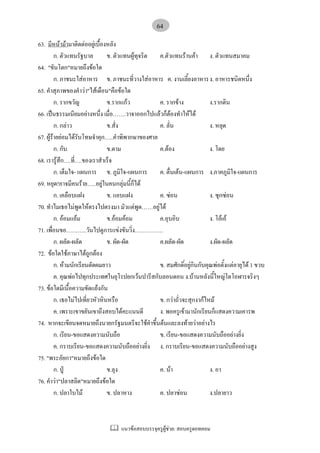 แนวขอสอบบรรจุครูผูชวย: สอบครูดอทคอม
64
63. มีหนามามาติดตออยูเบื้องหลัง
ก. ตัวแทนรัฐบาล ข. ตัวแทนผูทุจริต ค.ตัวแทนรานคา ง. ตัวแทนสมาคม
64. "ขันโตก"หมายถึงขอใด
ก. ภาชนะใสอาหาร ข. ภาชนะที่วางใสอาหาร ค. งานเลี้ยงอาหารง. อาหารชนิดหนึ่ง
65. คําสุภาพของคําวา"ไสเดือน"คือขอใด
ก. รากขวัญ ข.รากแกว ค. รากขาง ง.รากดิน
66. เปนธรรมเนียมอยางหนึ่ง เมื่อ…….วาจาออกไปแลวก็ตองทําใหได
ก. กลาว ข.สั่ง ค. ลั่น ง. หลุด
67. ผูรายยอมไดรับโทษจําคุก…..คําพิพากษาของศาล
ก. กับ ข.ตาม ค.ตอง ง. โดย
68. เรารูสึก….ที่….ของเราสําเร็จ
ก. เต็มใจ- แผนการ ข. ภูมิใจ-แผนการ ค. ตื่นเตน-แผนการ ง.ภาคภูมิใจ-แผนการ
69. หยุด!อาจมีคนราย…..อยูในคนกลุมนี้ก็ได
ก. เคลือบแฝง ข. แอบแฝง ค. ซอน ง. ซุกซอน
70. ทําไมเธอไมพูดใหตรงไปตรงมา มัวแตพูด……อยูได
ก. ออมแอม ข.ออมคอม ค.อุบอิบ ง. โอเอ
71. เพื่อนขอ………..วันไปดูการแขงขันวิ่ง……………
ก. ผลัด-ผลัด ข. ผัด-ผัด ค.ผลัด-ผัด ง.ผัด-ผลัด
72. ขอใดใชภาษาไดถูกตอง
ก. หามนักเรียนตัดผมยาว ข. สมศักดิ์อยูกินกับคุณพอตั้งแตอายุได 1 ขวบ
ค. คุณพอไปทุกประเทศในยุโรปยกเวนปารีสกับลอนดอน ง.บานหลังนี้ใหญโตโอฬารจริงๆ
73. ขอใดมีเนื้อความขัดแยงกัน
ก. เธอไมไปเที่ยวหัวหินหรือ ข. กวาถั่วจะสุกงากไหม
ค. เพราะเขาขยันเขาถึงสอบไดคะแนนดี ง. พอครูเขามานักเรียนก็แสดงความเคารพ
74. หากจะเขียนจดหมายถึงนายกรัฐมนตรีจะใชคําขึ้นตนและลงทายวาอยางไร
ก. เรียน-ขอแสดงความนับถือ ข. เรียน-ขอแสดงความนับถืออยางยิ่ง
ค. กราบเรียน-ขอแสดงความนับถืออยางยิ่ง ง. กราบเรียน-ขอแสดงความนับถืออยางสูง
75. "พระอัยกา"หมายถึงขอใด
ก. ปู ข.ลุง ค. นา ง. อา
76. คําวา"ปลาสลิด"หมายถึงขอใด
ก. ปลาใบไม ข. ปลาหาง ค. ปลาซอน ง.ปลายาว
 