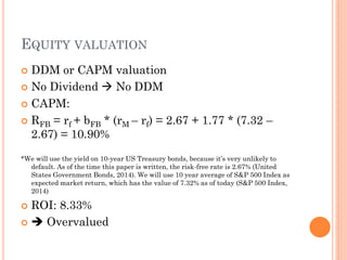 EQUITY VALUATION
 DDM or CAPM valuation
 No Dividend  No DDM
 CAPM:
 RFB = rf + bFB * (rM – rf) = 2.67 + 1.77 * (7.32 –
2.67) = 10.90%
*We will use the yield on 10-year US Treasury bonds, because it’s very unlikely to
default. As of the time this paper is written, the risk-free rate is 2.67% (United
States Government Bonds, 2014). We will use 10 year average of S&P 500 Index as
expected market return, which has the value of 7.32% as of today (S&P 500 Index,
2014)
 ROI: 8.33%
  Overvalued
 